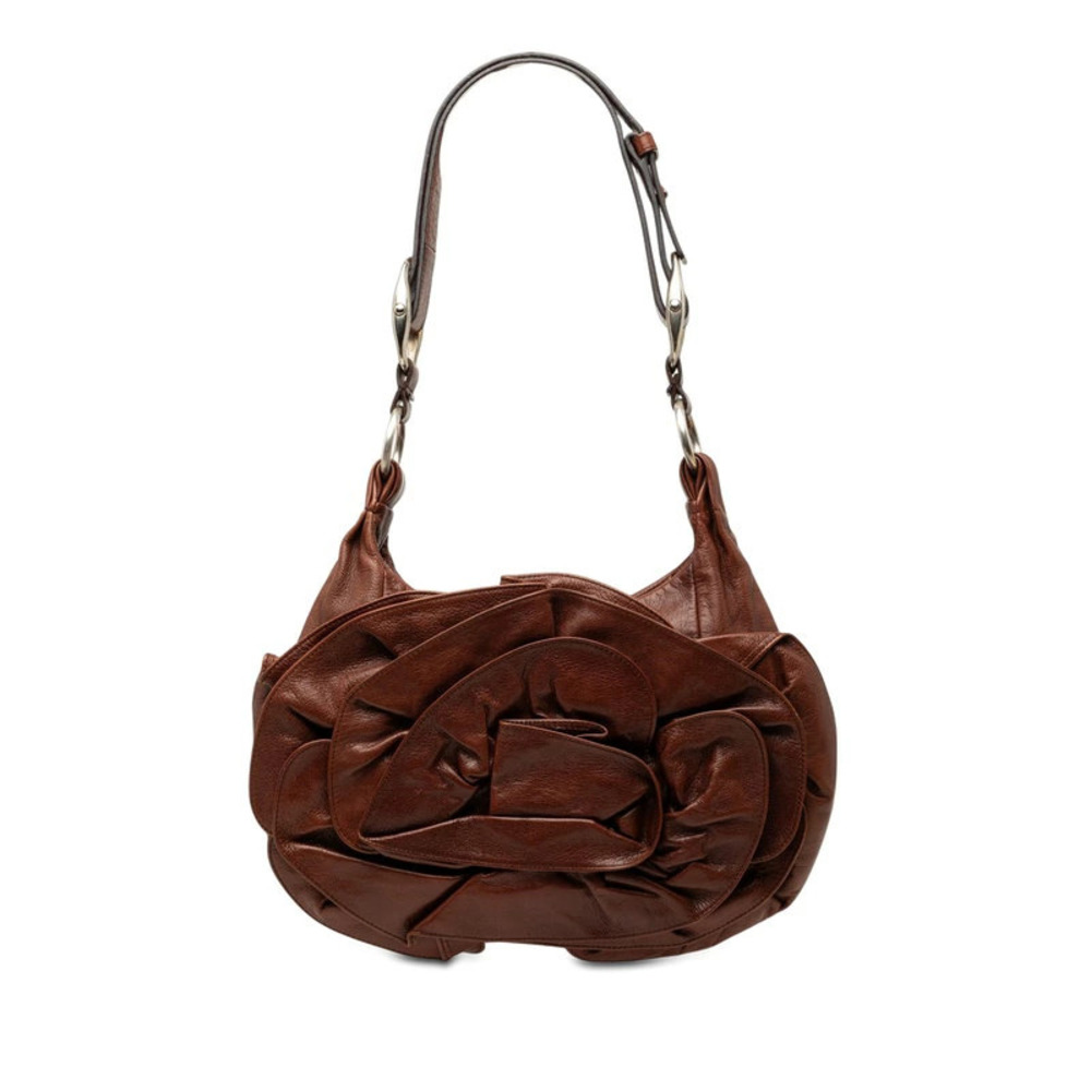 Saint Laurent Flower Shoulder Bag Hobo Brown Leather